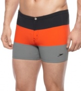 Block it out! Clear your mind and stay comfortable in these stylish square-leg swim trunks from Speedo.