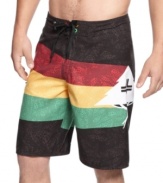 Color-blocked board shorts from LRG up your beachcomber style to red-hot status.