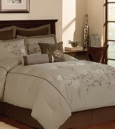 Floral simplicity. Delicate flower embroidery and cord details embellish enticing tan and brown hues in the Rosewater comforter set. Coordinating shams, bedskirt and decorative pillows tie together this classic look inspired by nature.