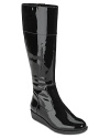 Rain-slick patent leather makes Cole Haan's weather boots a shining example of gloomy day style.