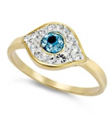 Keep your eye on this glam style. Studio Silver's good luck ring features the evil eye accented by blue and clear crystals in 18k gold over sterling silver. Size 7 and 8.