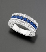 This band ring boasts beautiful round-cut sapphires (9/10 ct. t.w.) and sparkling diamond accents. Set in 14k gold.