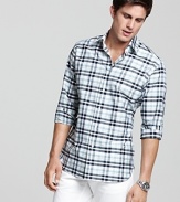 A fresh rendition of the classic, this impeccable Salvatore Ferragamo plaid sport shirt exudes new-season style.