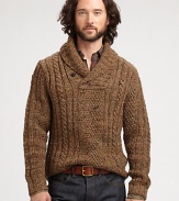 Handsome and hearty in a chunky cable knit, this heritage-infused shawl-collar sweater is crafted from a luxurious blend of wool, silk, alpaca and cashmere yarns.Shawl collarRibbed knit collar, cuffs and hem55% linen/45% cottonDry cleanImported