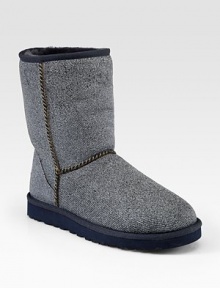 Infused with signature shearling lining, this denim-like painted suede design has shearling trim and a rubber sole for traction. Shaft, 8Leg circumference, 14Shearling and painted suede upperPull-on styleShearling liningRubber solePadded insoleImported