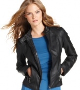 Finish your look with this faux leather jacket from Studio M--it's sleek, structured fit can help add edge to your outfit or balance out extra feminine pieces.