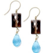 A pretty mix. Rectangular smokey quartz (8 ct. t.w.) and blue topaz (9 ct. t.w.) adorn these stunning drop earrings. Set in 14k gold. Approximate drop: 1-1/2 inches.