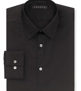 Solid dress shirt with spread collar, two button mitered cuffs. Modern fit through the body.