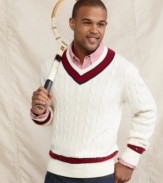 No need to tweak your style game when you are wearing this cable knit v-neck sweater from Tommy Hilfiger.