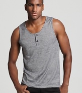 Cooler than your average tank, this sleeveless henley top from Theory boasts a versatile shade of heather gray and a stylish two button neckline.