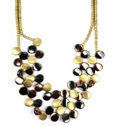 An intricate maze of color creates a statement all its own. Jones New York's unique frontal necklace features a two row design that highlights a mix of gold tone, hematite tone, and brown tone mixed metal discs, all connected together in one chic pattern. Approximate length: 17 inches.