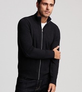 Keep out the chill with this BOSS Black wool zip sweater featuring contrast stitching.