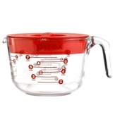 The essential companion for every precision space. This oversized glass measuring cup features easy-to-read markings on the inside and outside of the cup, so you always have a great read on the task at hand. A sturdy handle makes it simple to mix, measure and pour, while the included BPA-free lid lets you store leftover batter for later. 2-year warranty.