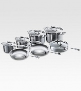 This essential collection of Le Creuset stainless steel is perfect for newlyweds or a new kitchen. Tri-ply construction with full aluminum cores provide even, all-around heat distribution while eliminating hot-spots and scorching. The set includes two fry pans, two saucepans with lids, a sauté pan with lid, soup pot with lid and stockpot with lid.