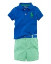 A classically preppy set includes a cotton mesh polo, gingham short and coordinated madras ribbon belt.