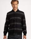 Finely knit wool blend shapes a yarn-dyed, zip-front sweater covered in masculine, modern stripes.Zip front40% acrylic/30% wool/30% polyesterDry cleanImported