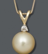 A single pearl defines elegance. This richly-hued pendant highlights a golden cultured South Sea pearl (8-9 mm) with a sparkling diamond accent. Strung from a 14k gold setting and chain. Approximate length: 18 inches. Approximate drop: 5/8 inch.