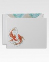 An ancient Chinese tale places the koi fish at the top of a waterfall, swimming not down, but rather up. For his feat, he is turned into a dragon, solidifying him as a symbol of success and prosperity and the centerpiece of your most coveted correspondence. Set of 8 cards and envelopesApprox. 4½ X 6 Made in USA