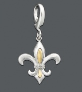 A French icon, the Fleur De Lis symbolizes royalty. Feel like a queen every time you wear this 14k gold and sterling silver charm. Features round-cut diamond accents. Lobster claw clasp. Approximate drop: 1-1/4 inches.