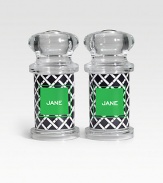 A set of transparent shakers boast curvy, modern lines to season every dish with individualized style. Salt & pepper not included Each: 5H X 2¼ diam. ImportedFOR PERSONALIZATION Select a quantity, then scroll down and click on PERSONALIZE & ADD TO BAG to choose and preview your monogramming options. Please allow 2 weeks for delivery.