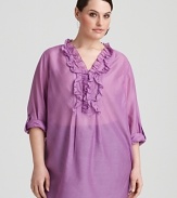 An elegant ruffled neckline softens the rolled-sleeve silhouette in this Tahari Woman look.