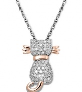 Purrfect your style! Every cat lover should own this adorable sparkling pendant. Crafted in 18k rose gold over sterling silver and sterling silver and decorated with dozens of round-cut diamonds (1/5 ct. t.w.). Approximate length: 18 inches. Approximate drop: 5/8 inch.