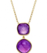 Adorn yourself with the season's hottest hues: jewel tones! This eye-catching pendant features two faceted, square-cut amethyst drops (24-1/4 ct. t.w.) strung from a delicate 18k gold over sterling silver chain. Approximate length: 18 inches. Approximate drop: 1-1/2 inches.