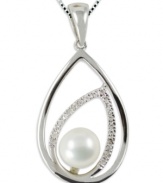 Shapely chic. This sterling silver necklace dazzles with a double teardrop pendant that features round-cut diamonds (1/10 ct. t.w.) and a cultured freshwater pearl (7-8 mm) for a classic touch. Approximate length: 18 inches. Approximate drop length: 1-1/3 inches. Approximate drop width: 5/8 inch.