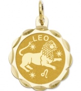 Tell everyone your sign in style! This scalloped and polished disc charm features the Leo Zodiac in 14k gold. Chain not included. Approximate length: 9/10 inch. Approximate width: 3/5 inch.