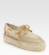 Traditional menswear-inspired metallic linen style, sweetened with leather trim and an espadrille platform. Hemp-covered platform, 1½ (40mm)Linen upperLeather trim and lacesRubber soleImportedPlease note: Our fit model recommends ordering 2 sizes up as this style runs small and narrow. 