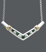 Shapely design with a bold touch of color. This v-shaped necklace features alternating, round-cut emeralds (3/4 ct. t.w.) and white sapphires (3/8 ct. t.w.) in a polished sterling silver and 14k gold setting. Approximate length: 18 inches. Approximate drop width: 1-1/2 inches.