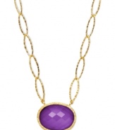 Adorn yourself with the season's hottest hues: jewel tones! This eye-catching pendant features a faceted oval-cut amethyst (10-3/4 ct. t.w.) set in 18k gold over sterling silver on a unique oval link chain. Approximate length: 18 inches. Approximate drop length: 5/8 inch. Approximate drop width: 1 inch.