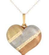 Show her you care, three times over! This lovely tri-color puffed heart pendant features a 14k white gold, 14k gold and 14k rose gold setting with a chic, satin finish. Approximate length: 18 inches. Approximate drop length: 1-1/8 inches. Approximate drop width: 9/10 inch.