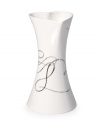 Budding romance. A loopy platinum design and heart-shaped opening define this Love Story vase with elegant whimsy. In lustrous white porcelain from Mikasa.