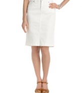 Style&co.'s denim skirt gets a fresh look with bright white. The tummy control panel ensures a smooth, lean silhouette!