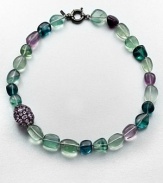 A colorful strand of flourite beads accented with a amethyst encrusted bead. AmethystMulti-colored flouriteRhodium-plated sterling silverLength, about 18Spring ring closureImported 