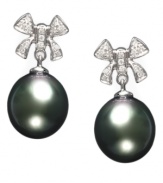 The perfect gift - EFFY Collection's exquisite earrings even have a ribbon on top. Crafted in 14k white gold, earrings showcase cultured Tahitian pearls (10-11 mm) and sparkling round-cut diamonds (1/8 ct. t.w.). Approximate drop: 9/10 inch.