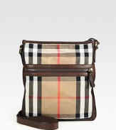 Iconic check printed cotton, in slim, crossbody design, with rich leather trim.Zip closureExterior, interior zip pockets83% cotton/17% polyurethane11W x 12½HMade in Italy