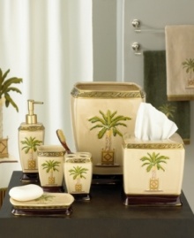 Bring the sultry sophistication of the tropics into your bathroom with this Banana Palm tissue boutique. Adorned with palm trees, this boutique will turn freshening up into a beach side voyage.