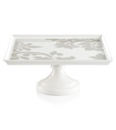 Stenciled grey florals in white porcelain make this square cake stand a must with Lisbon Grey and Banded dinnerware, also by Martha Stewart Collection.