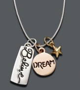 This necklace is absolutely charming and will remind you to believe in your dreams. Featured in sterling silver with a star charm, a 14k rose gold-plated dream charm, and a 14k gold-plated believe charm. Approximate length: 18 inches. Approximate drop: 1 inch.