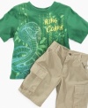 A simply perfect pairing.  This set comes with a cool cobra graphic tee and cargo shorts in classic khaki. Warm weather clothing that is easy to wear and easy to clean.