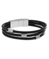 Modern and masculine. Crafted in black leather with a polished steel accent and signature logo detail, Emporio Armani's contemporary bracelet features an adjustable clasp for comfort. Approximate length: 7-3/10 inches.