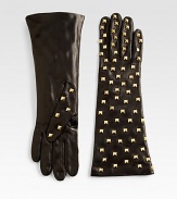 EXCLUSIVELY AT SAKS.COM. An elegant, elongated leather design gets a little edgy with studded detail.About 8 longLeatherSilk liningDry cleanMade in Italy