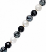 Ebony and ivory. A pretty combination of cultured freshwater pearls (8 mm), onyx (12 mm) and agate (12 mm) adorn this elegant sterling silver strand bracelet. Approximate length: 7 inches.