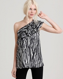 Infuse your wardrobe with the exotic edge of this zebra-print Rachel Zoe one-shoulder top flaunting lush ruffles at the neckline for fabulous flair.