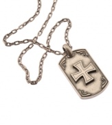 Show your faith in sleek stainless steel. This men's cross pendant by the Simmons Jewelry Co. features a unique dog tag and raised cross design. Approximate length: 22 inches. Approximate drop: 2-1/8 inches.