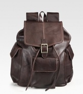 An instant upgrade to any casual ensemble, this stylish backpack crafted from full grain, enzyme-washed vachetta leather, is designed with a roomy interior and ample exterior pockets to securely store your essentials in style.Flap, drawstring closureTop handleExterior flap pocketsInterior zip pocketCotton twill/leather liningLeather17W x 12H x 6DImported