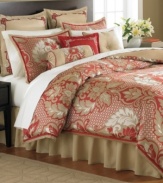 The royal treatment. A bold pattern of flourishes and leaves in a red and gold palette embellishes this Empire Court comforter set from Martha Stewart Collection. Comes complete with shams, bedskirt and three decorative pillows to turn your bedroom into a majestic palace.