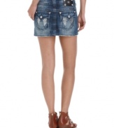 Sequined wings highlight the back pockets of Miss Me's eye-catching denim mini skirt!